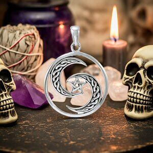 Celtic Knotwork Crescent Moons Pentagram Sterling Silver Pendant